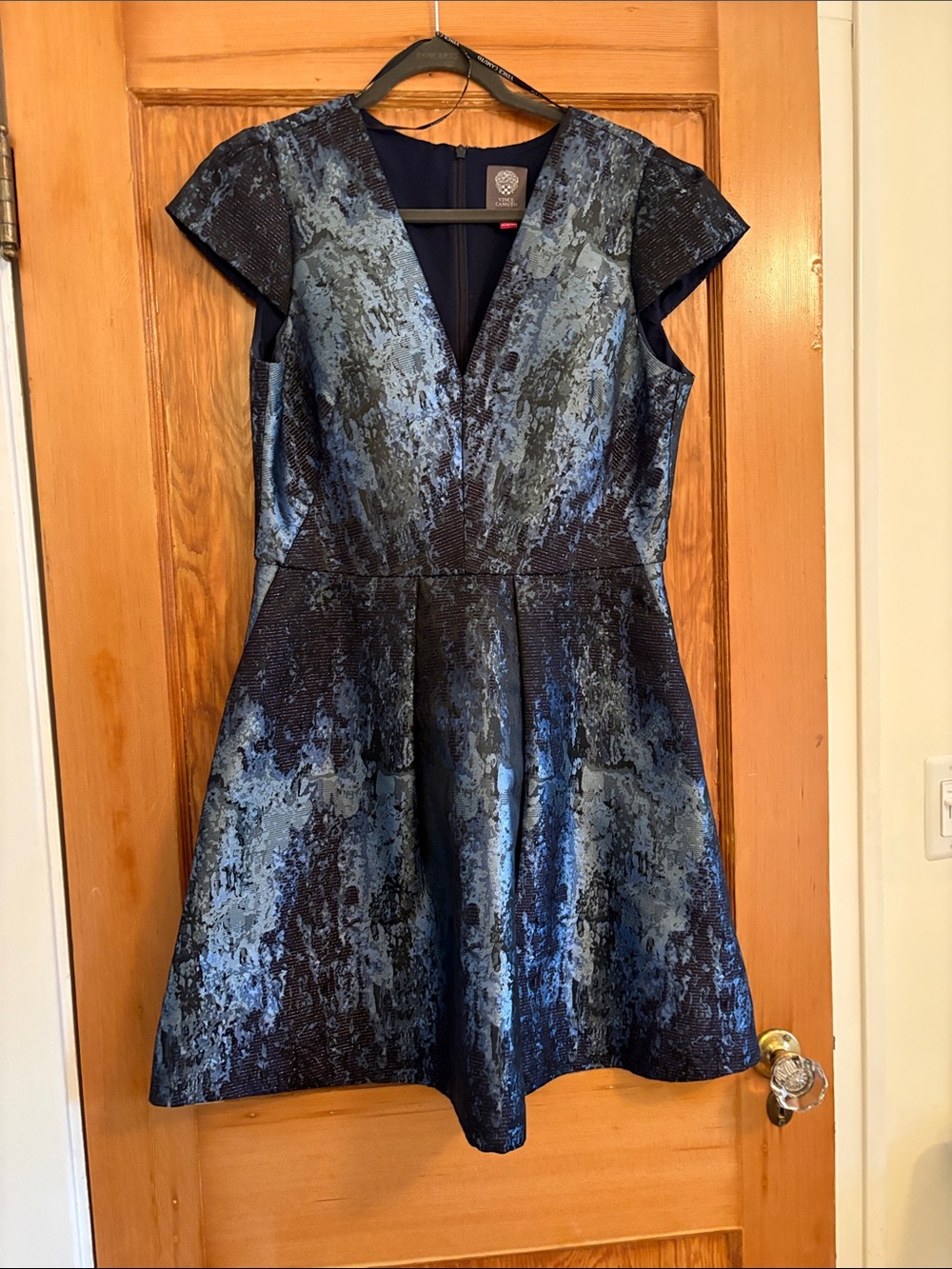 Vince Camuto Blue Metallic Jacquard Fit-and-Flare Mini Dress